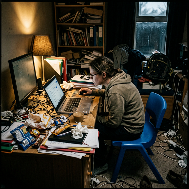 Escritorio muy desordenado con cables por todas partes y una silla barata y dura no ergonómica azul