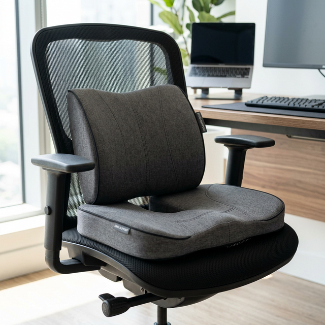 Set de cojín para coxis y almohada lumbar ortopédica sobre silla ejecutiva