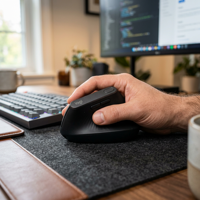 Mano descansando sobre un ratón vertical ergonómico gris de logitech