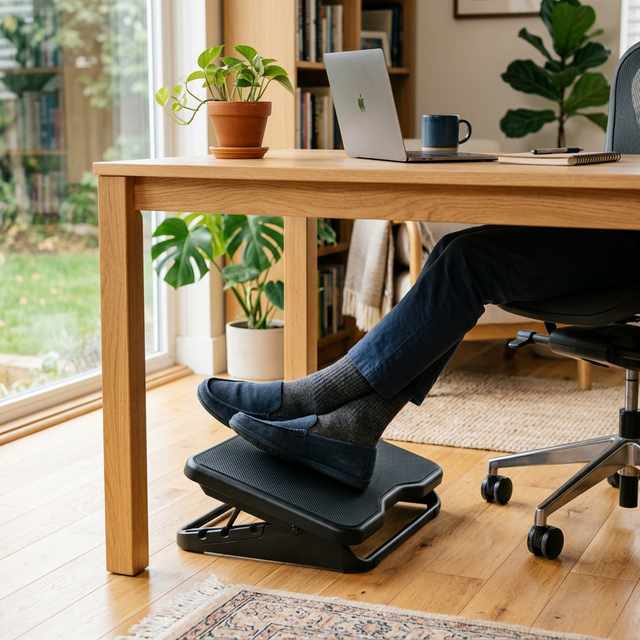Hombre con los pies descansando sobre un reposapiés basculante negro bajo su mesa de escritorio