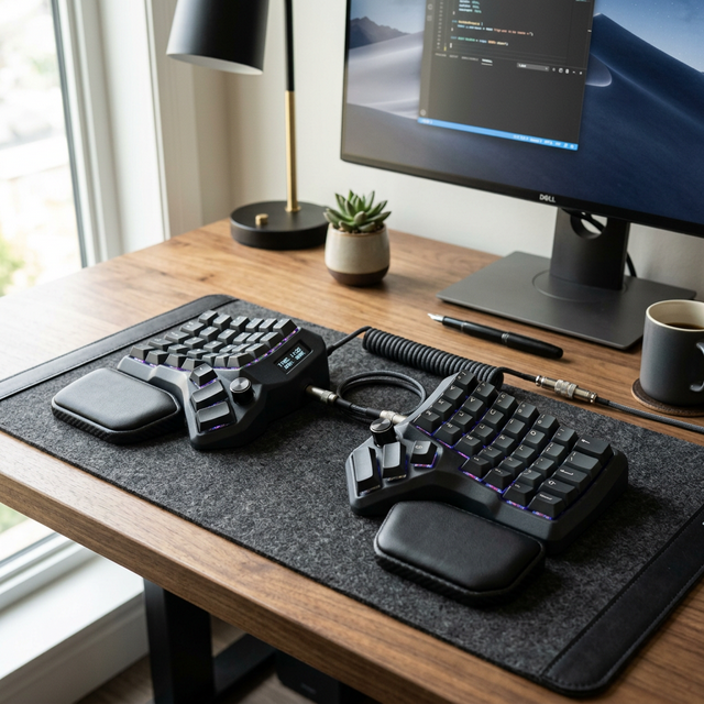 Teclado ergonómico mecánico super profesional dividido en dos mitades sobre alfombrilla de escritorio