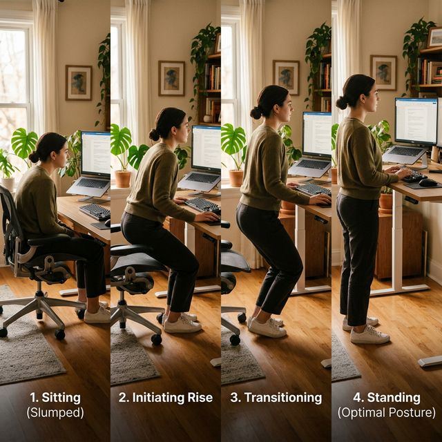 Hombre ajustando su escritorio elevable