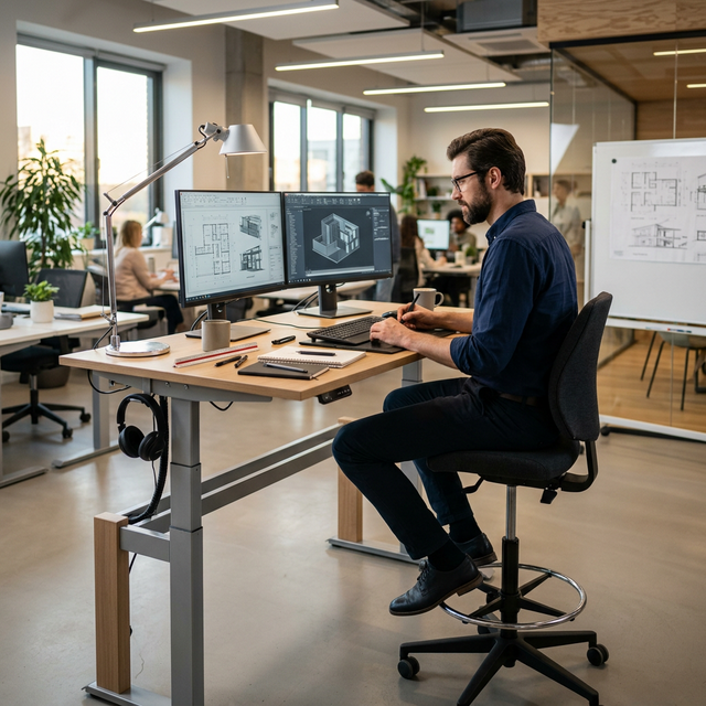 Hombre trabajando en un taburete alto tipo drafting