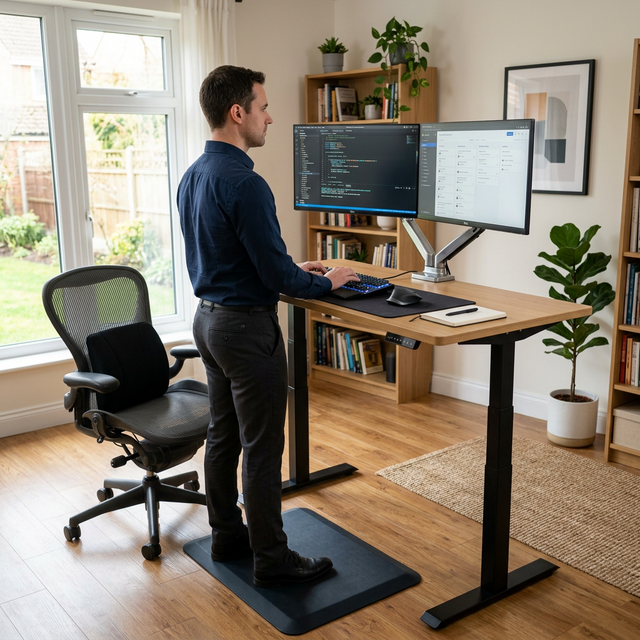 Brazo de monitor articulado en un escritorio de madera elevable