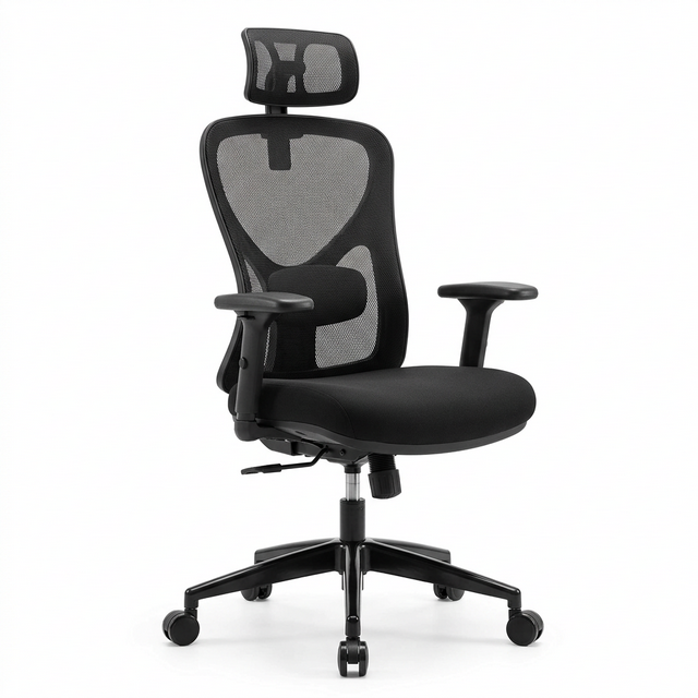 Silla ergonómica de oficina con malla y ajustes principales